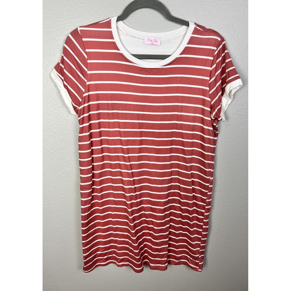 Pink Lily T-Shirt Dress Short Sleeve White Pink Stripe‎ Cotton Sz Small S